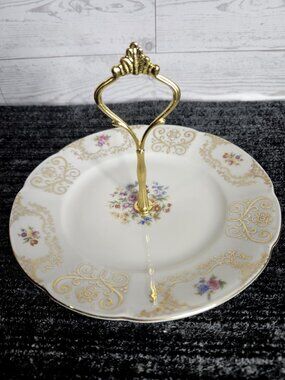 Vintage Schumann Bavaria Dresden Floral Serving Tray Gold Handle Candy Dish
